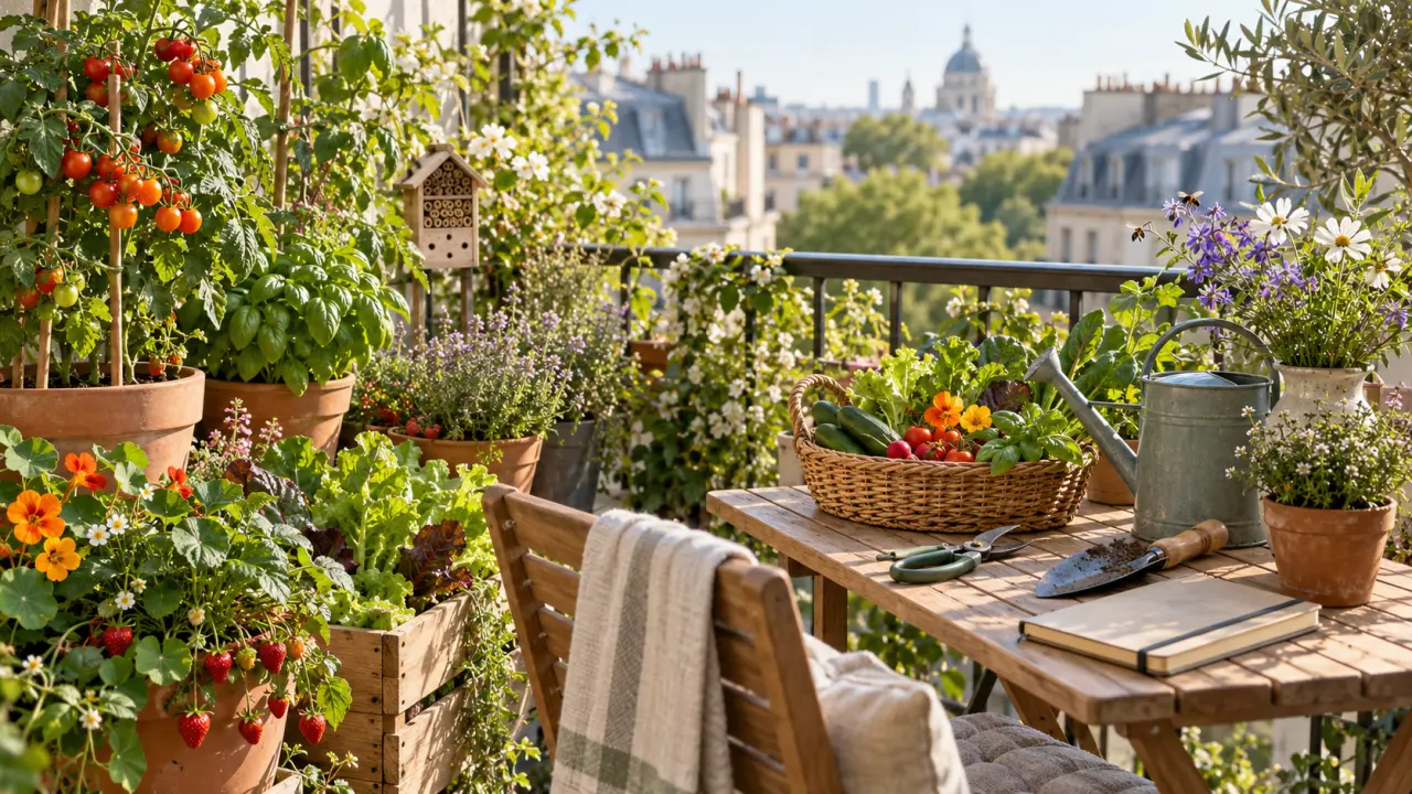 Balcon urbain comestible avec aromatiques, légumes et fleurs cultivés naturellement