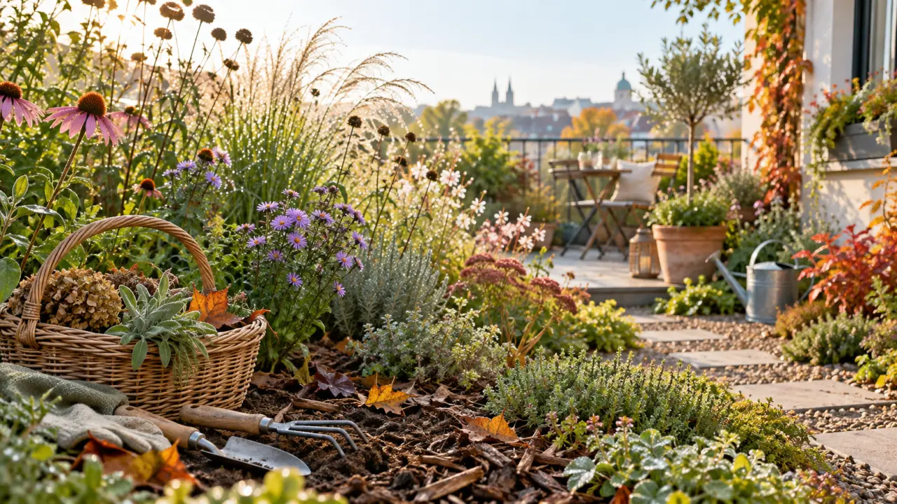 Jardin naturel fleuri avant les premières gelées, avec des plantes locales et une lumière douce