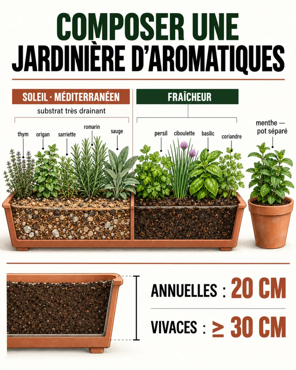 Infographie d’une jardinière pour plantes aromatiques avec associations, exposition et profondeur de plantation
