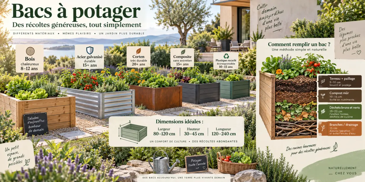 Bacs à potager : comparatif des matériaux, dimensions idéales et méthode de remplissage
