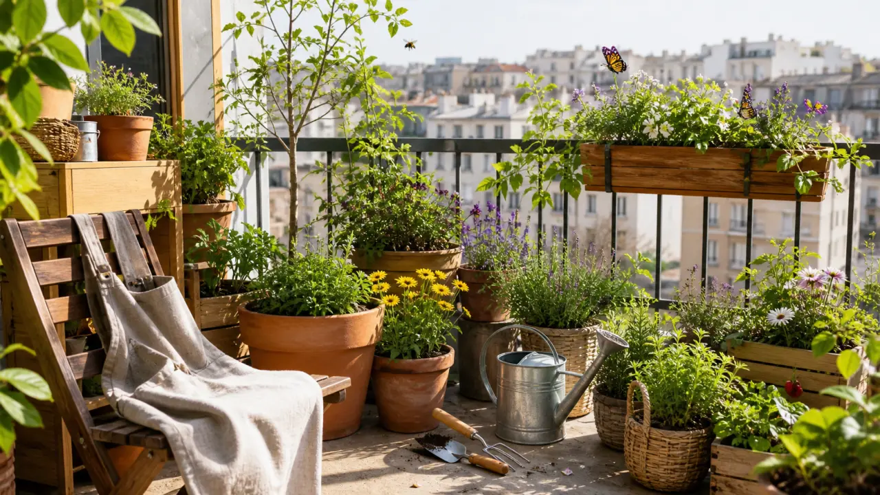 Balcon luxuriant entretenu naturellement avec plantes en pot et outils de jardinage doux