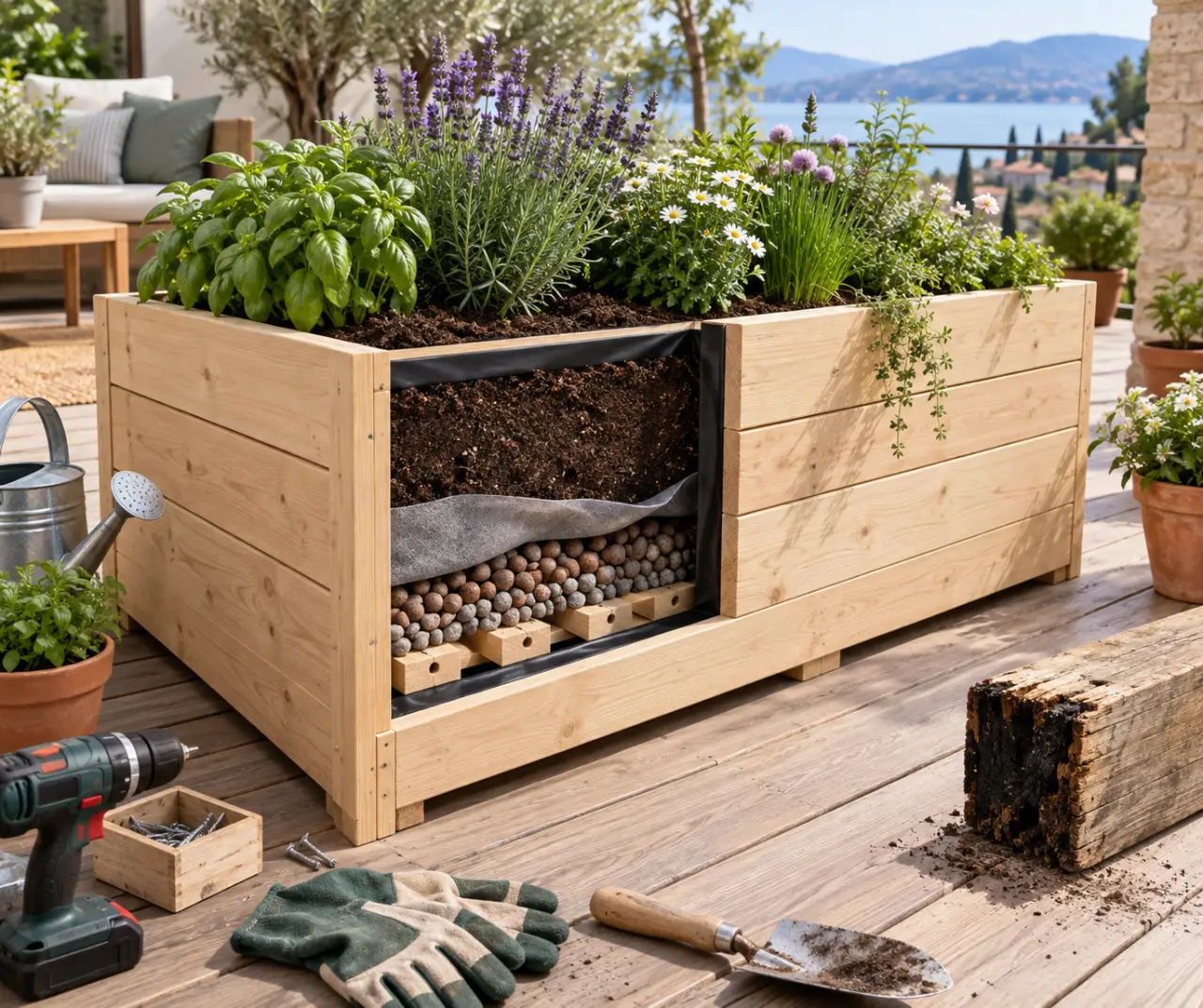 Jardinière en bois fait maison : un drainage soigné contre le bois noirci