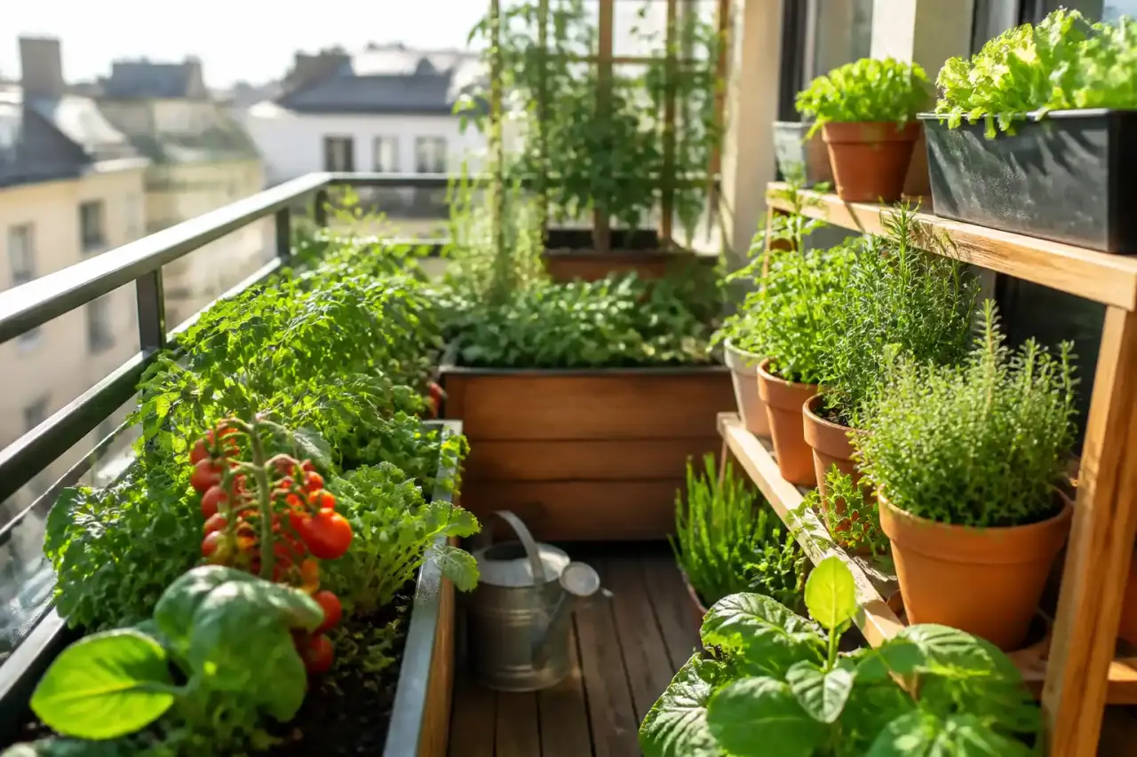 Arrosage manuel d'un potager verdoyant au coucher du soleil