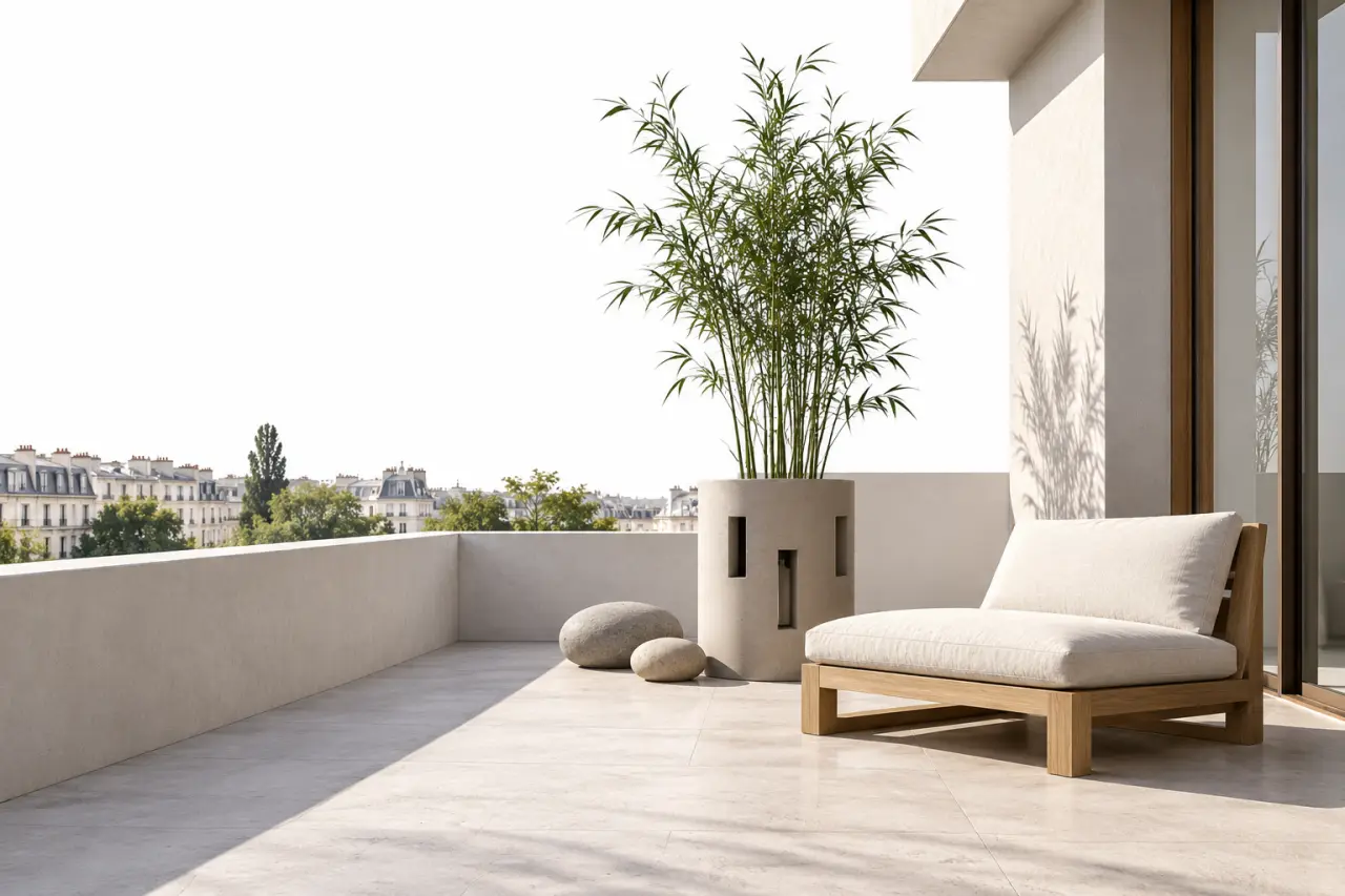 Décoration jardin zen sur petite terrasse avec pot, végétal et assise