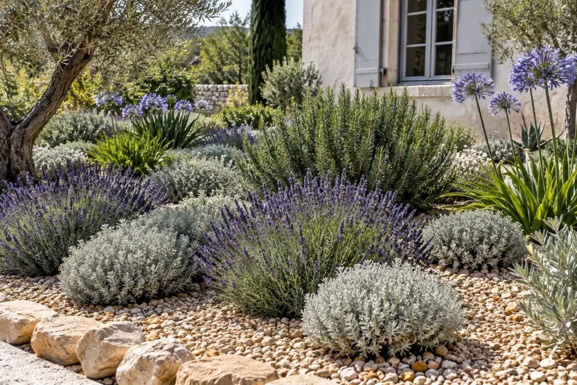 Idee déco massif avec galets beiges et plantes méditerranéennes