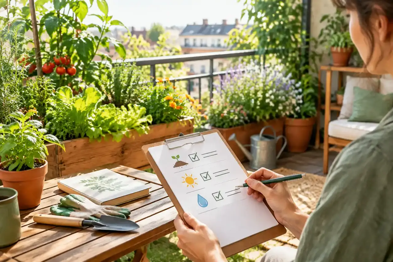 Balcon nourricier avec jardinières d'aromates, de légumes et de fleurs comestibles