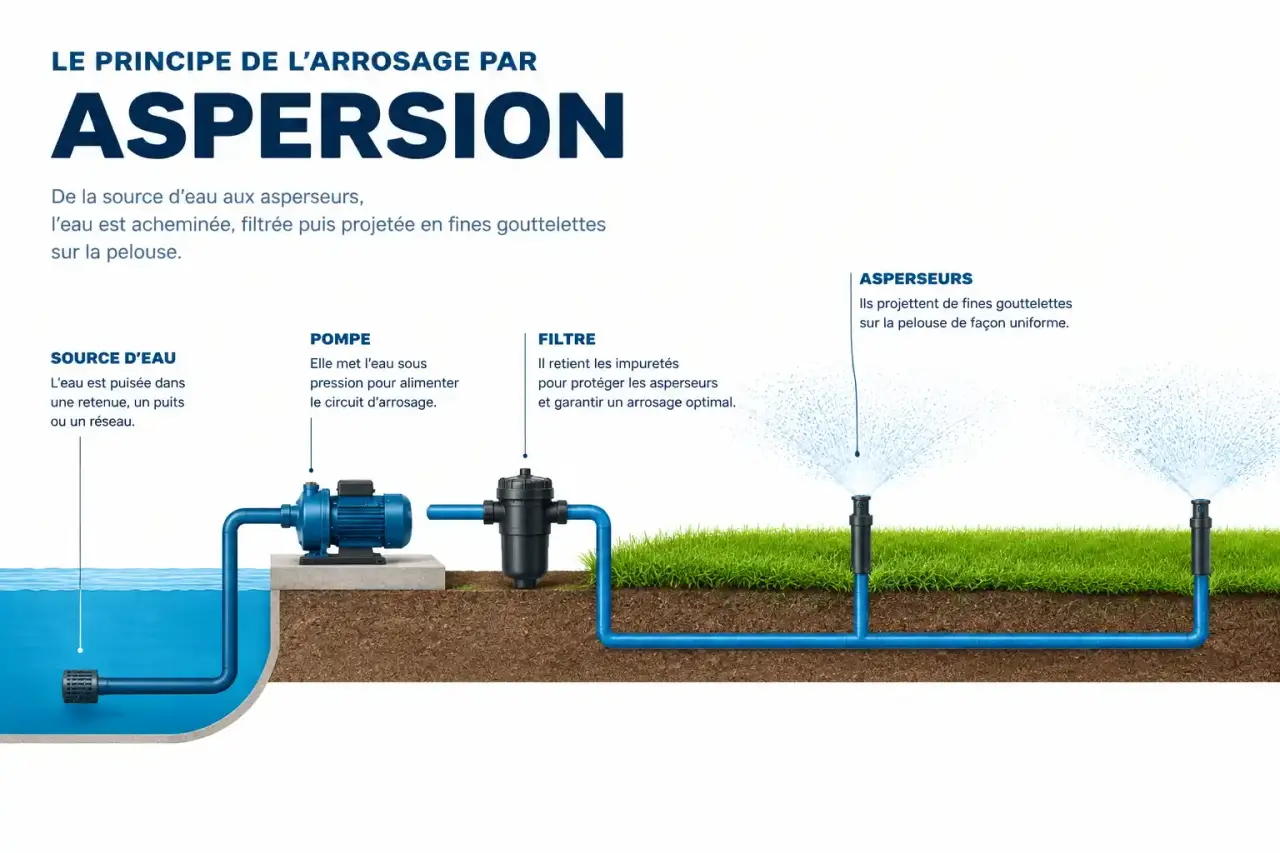 Schéma simplifié du fonctionnement pour arroser par aspersion, de la source d'eau aux asperseurs