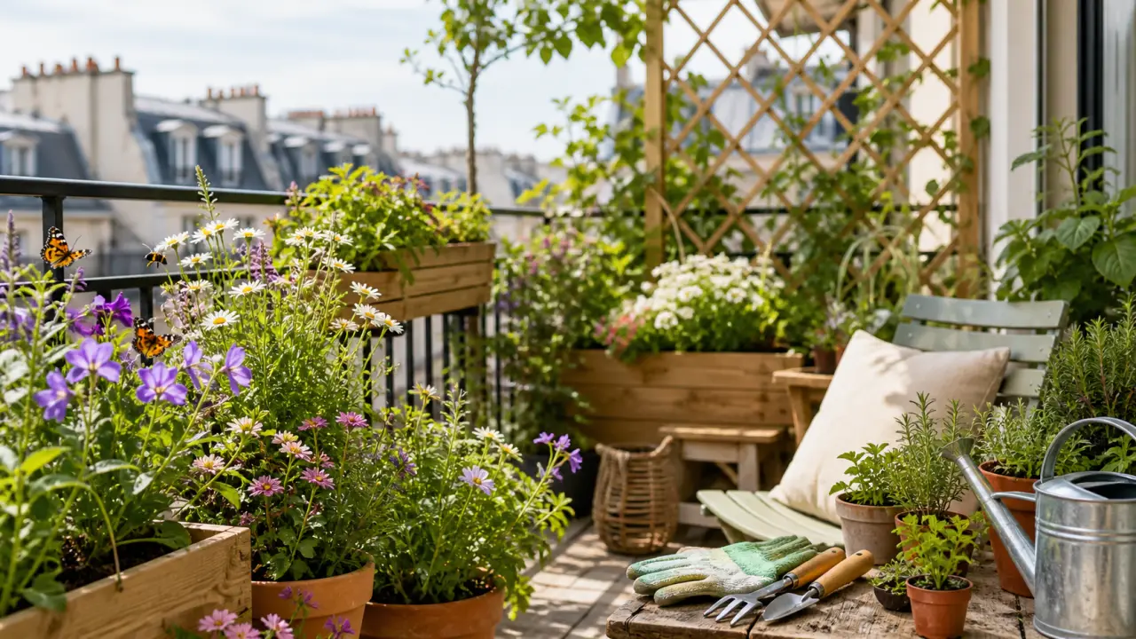 Balcon vivant entretenu au fil des saisons avec plantes locales et lumière douce