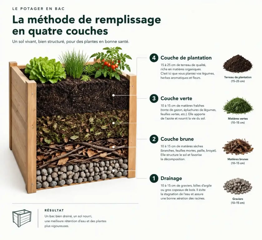 Infographie méthode remplissage bac à potager 4 couches