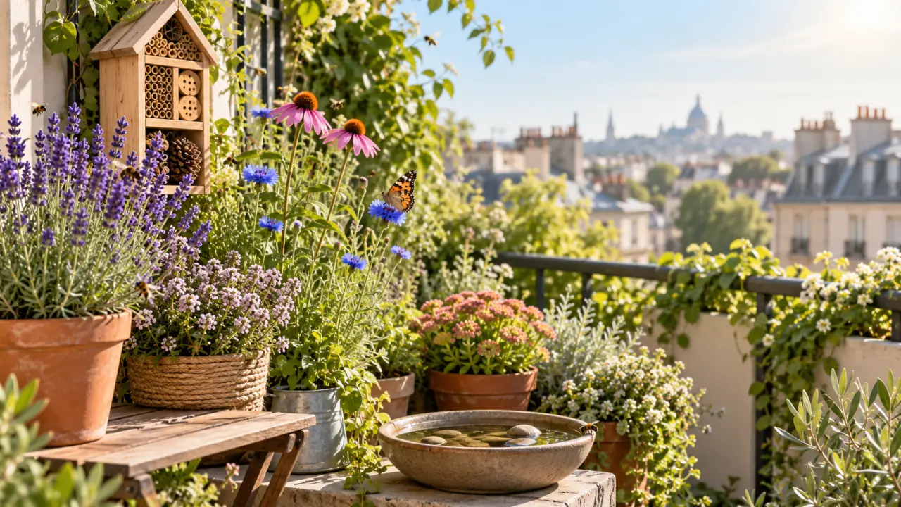 Balcon fleuri avec des plantes mellifères accueillant des abeilles et des papillons