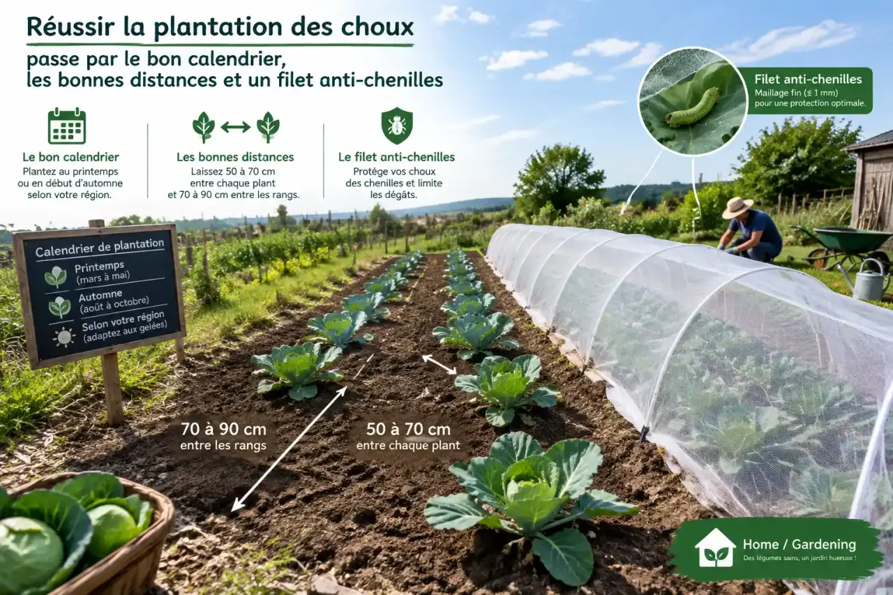 Réussir la plantation des choux passe par le bon calendrier, les bonnes distances et un filet anti-chenilles