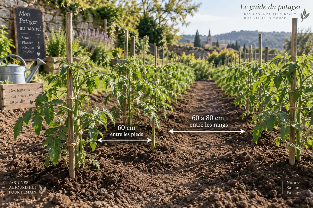 Distance de plantation des tomates : 60 cm entre les pieds, 60 à 80 cm entre les rangs