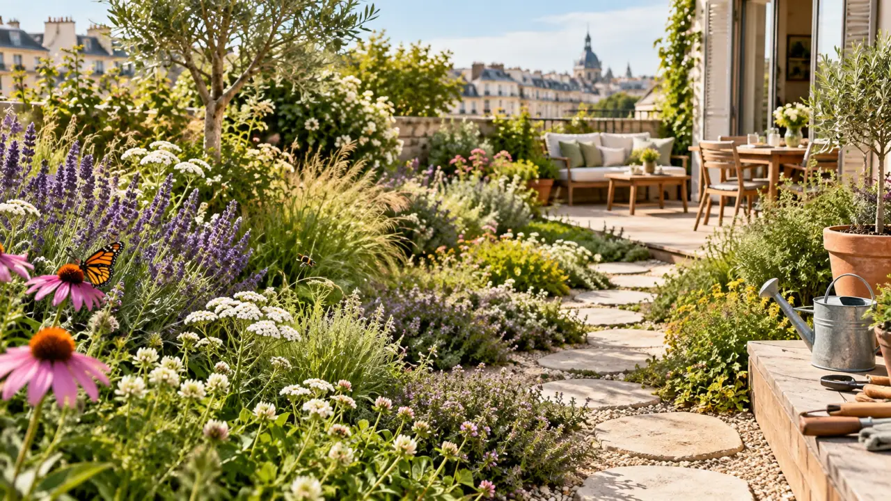 Jardin naturel composé de plantes locales, de graminées et de massifs fleuris